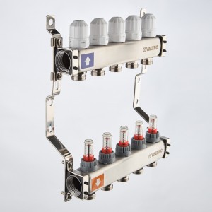 Коллекторный блок из НЕРЖ. стали с регул. клап. и расх., 1"х3 вых. Евроконус 3/4" (без сервис. гр.)